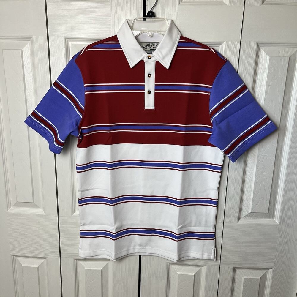 Bogey Boys Golf Triple Stripe Polo Shirt Red Blue White Medium Short Sleeve